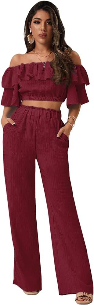 Romwe Women's 2 Piece Outfit Off The Shoulder Crop Top Wide Leg Pants Set | Amazon (US)