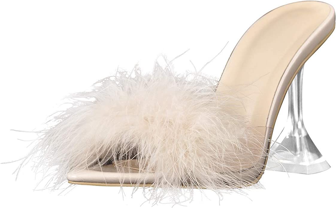 Amazon.com | LISHAN Women's Fuzzy Slippers High Heels Sandals | Heeled Sandals | Amazon (US)