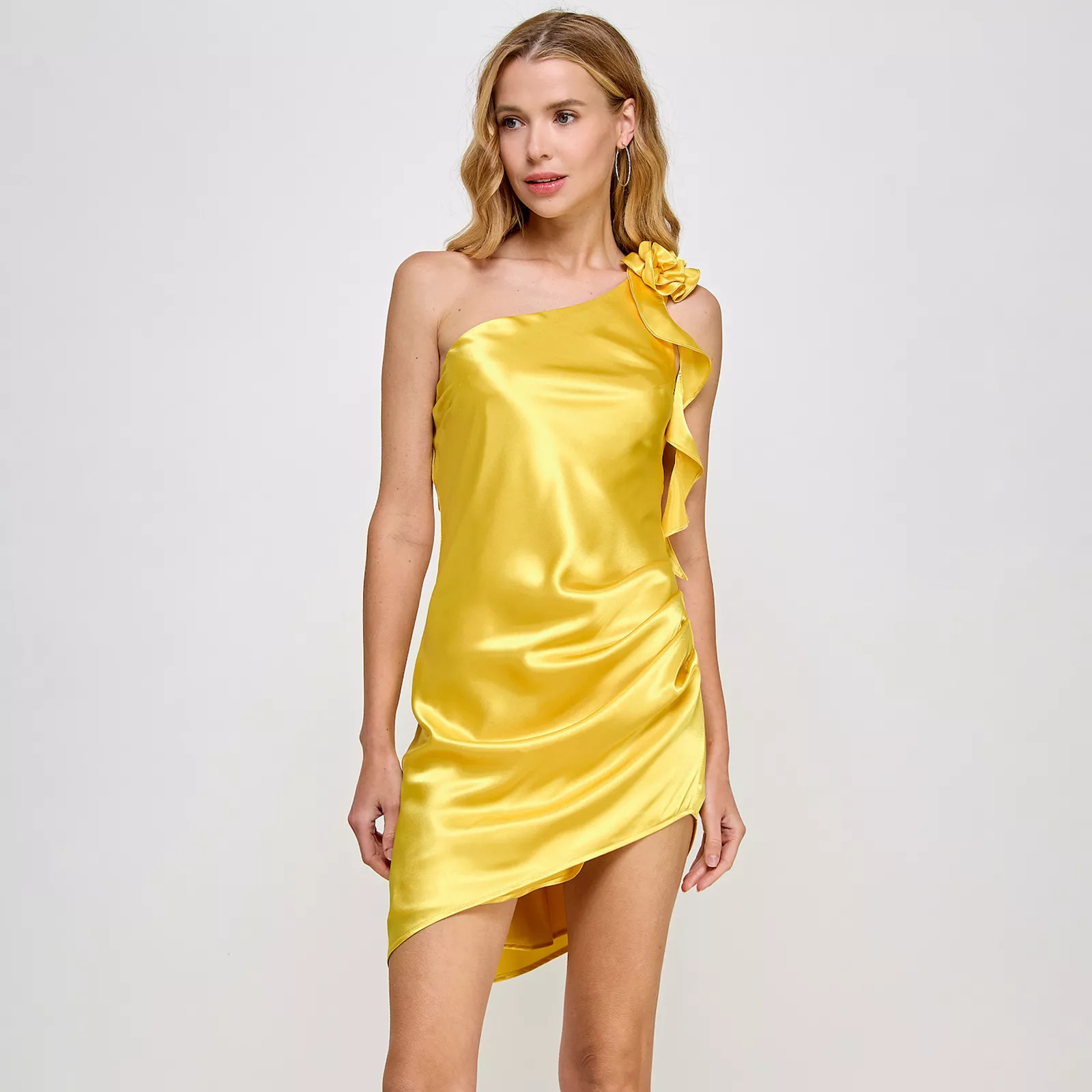 Juniors' Morgan And Co Off The Shoulder Dress With Ruffle Shoulder Detail and Asymetrical Hem, Girl's, Size: Small, Yellow | Kohl's
