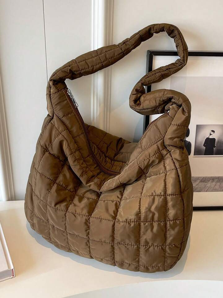 Women's Large Capacity Solid Color Casual Quilted Cotton Padded Shoulder Bag, Soft Padded Down Wi... | SHEIN