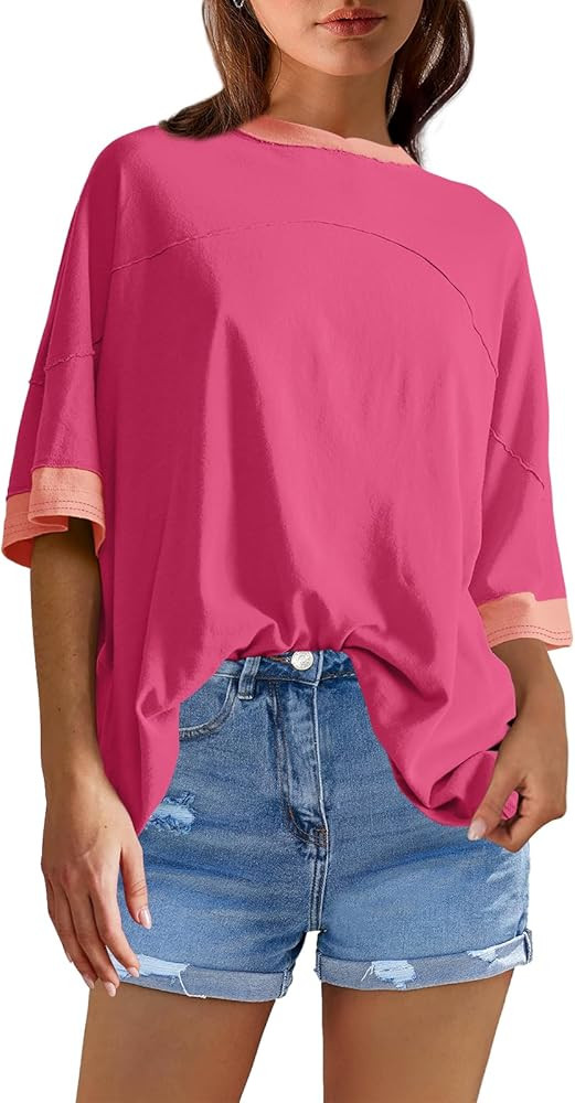 Panadila Womens Oversized Tshirts Colorblock Tops Crew Neck Short Sleeve Shirts Summer Athletic B... | Amazon (US)