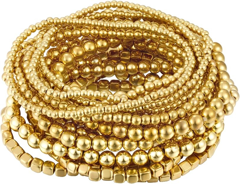 ÌF ME 16 PCS Gold Bead Bracelet for Women, Gold Beaded Stretch Plated Stackable Strand Bead Ball... | Amazon (US)
