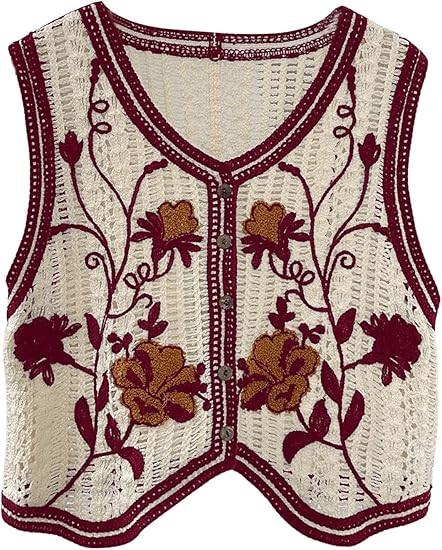 GORGLITTER Women's Embroidered Floral Crochet Vest Button Crop Summer Cowgirl Western Top Rodeo C... | Amazon (US)