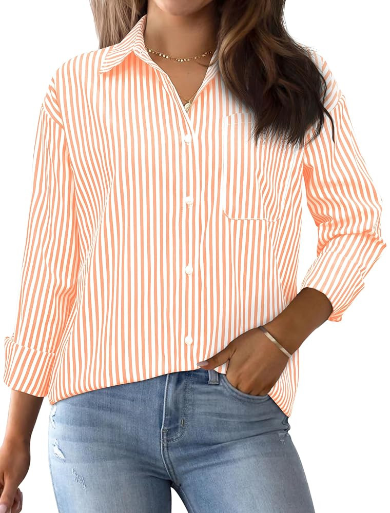AISEW Womens Button Down Shirts Striped Classic Long Sleeve Collared Office Work Blouses Tops wit... | Amazon (US)