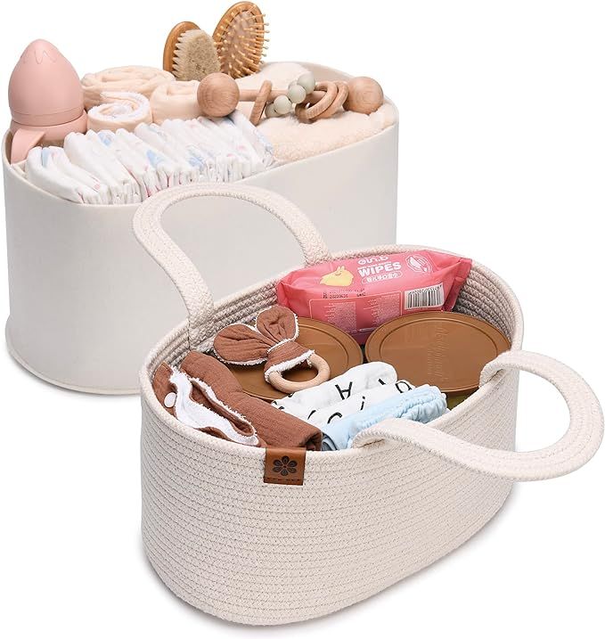 PeraBella 2-in-1 Baby Diaper Caddy Organizer for Changing Table, Cotton Rope Diaper Basket for Bo... | Amazon (US)