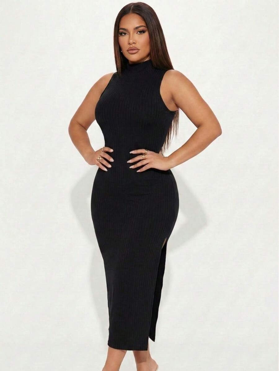 Women's Rib Knit Solid Color Mock Neck Maxi Dress For Spring Summer, Side Slit Bodycon Dress For ... | SHEIN