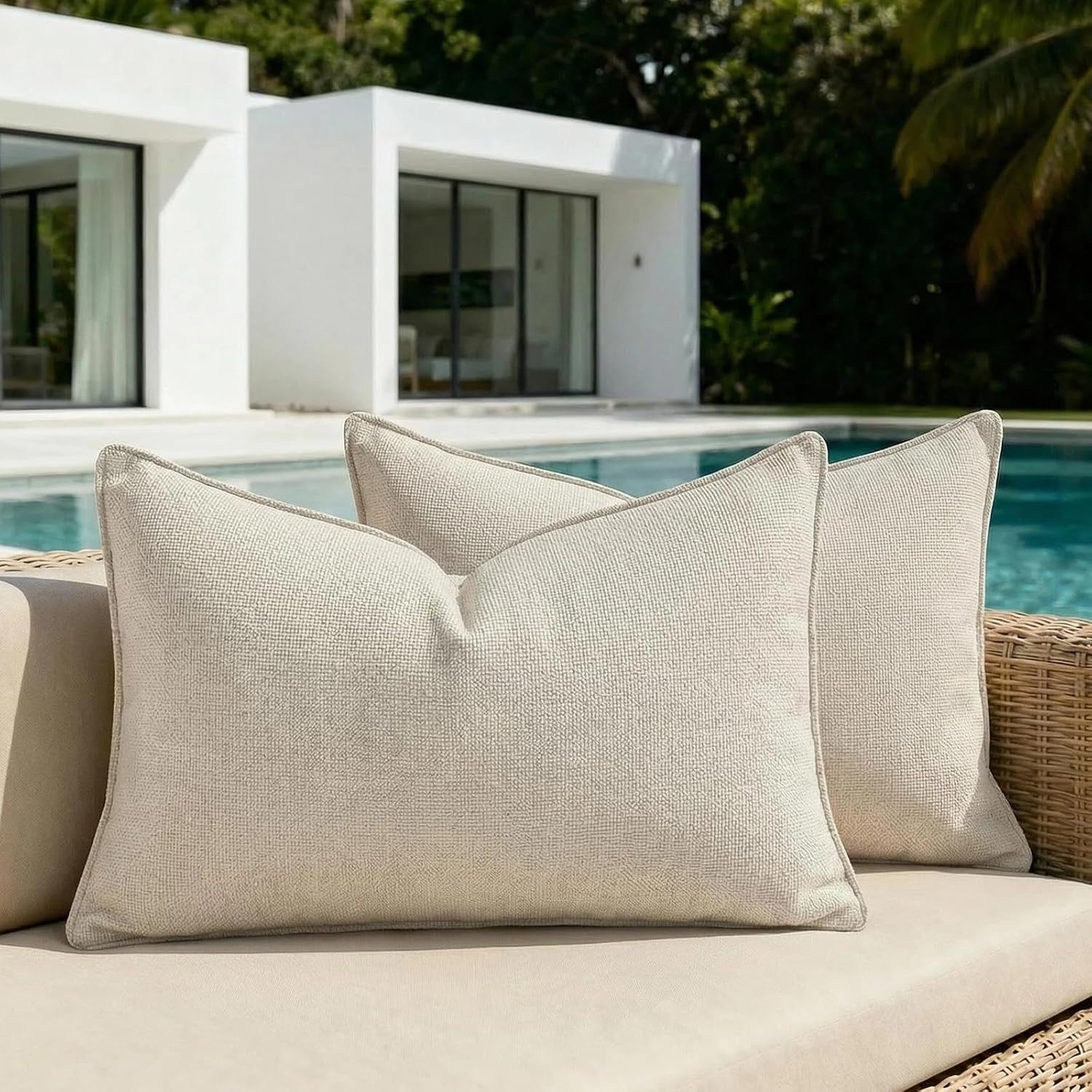 Fancy Homi Set of 2 Water Resistant Lumbar Soft Chenille Decorative Outdoor Throw Pillow Covers Solid Beige Summer Farmhouse Boho Patio Ivory Cushion Case Small 20x12 Inch for Balcony Couch Sofa Bed | Amazon (US)