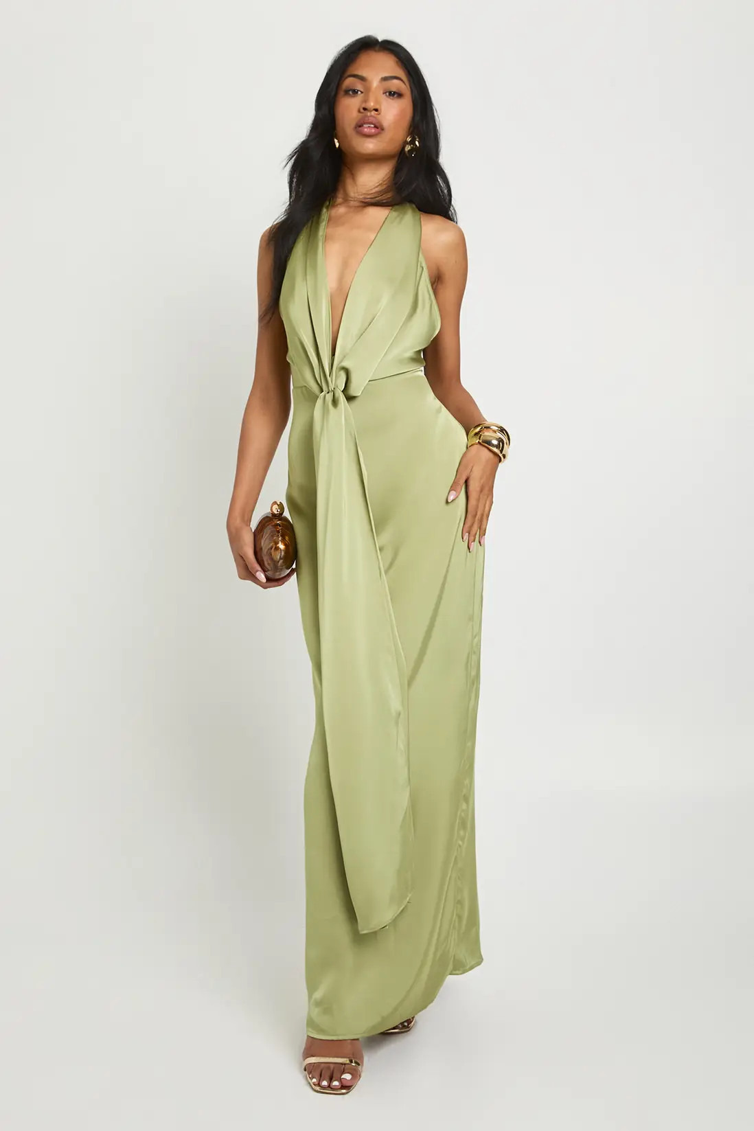 Olive Satin Halter Neck Plunge Drape Detail Maxi Dress | Boohoo | Boohoo.com (UK & IE)