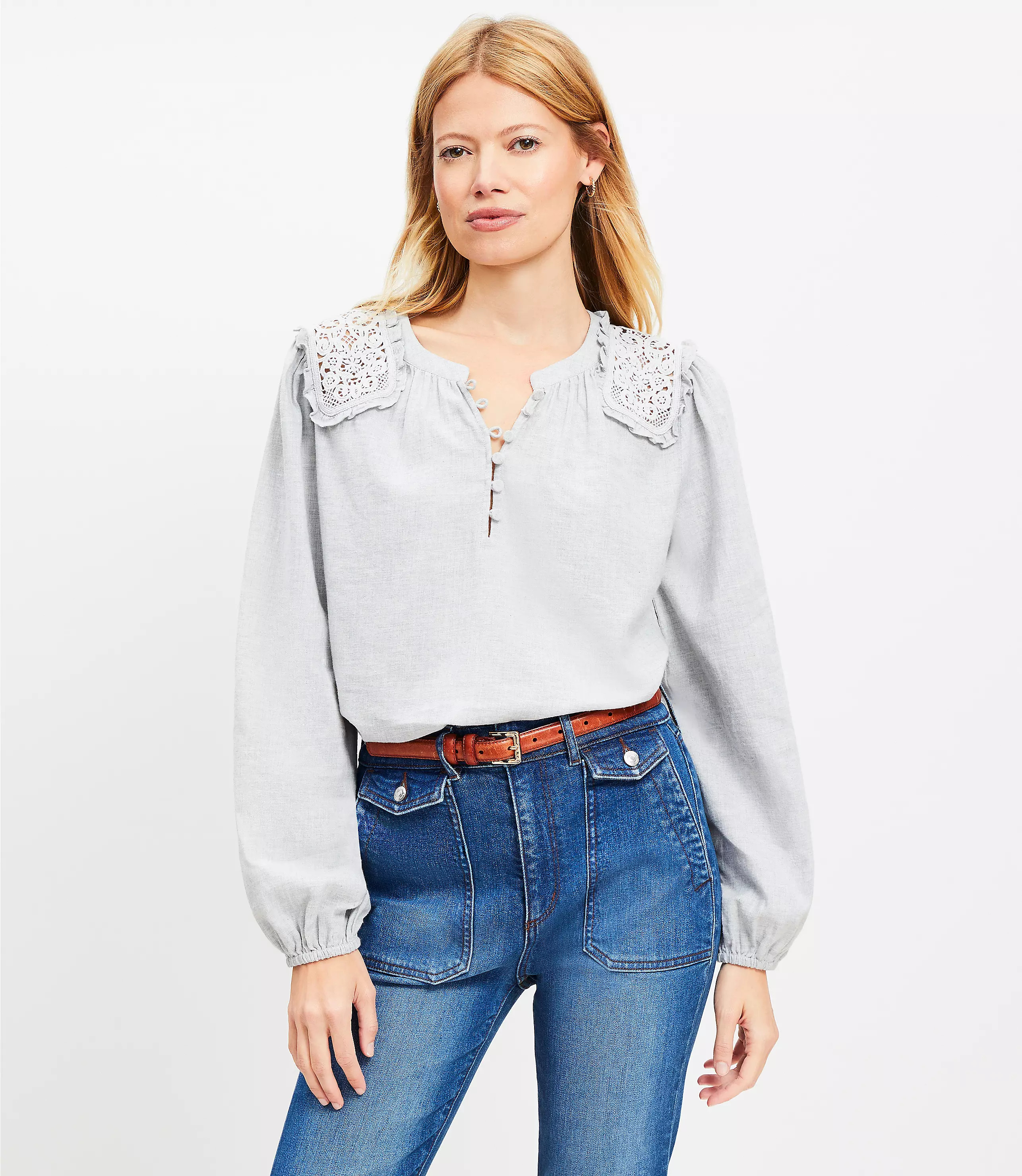 Petite Lace Shoulder Henley Blouse | LOFT