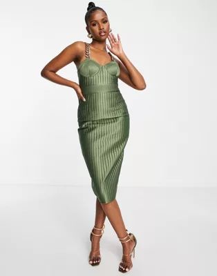 ASOS DESIGN quilted midi dress with gold chain detail in khaki | ASOS (Global)