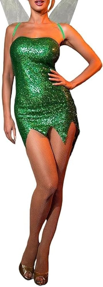 Lizxun Women's Fairy Costume Halloween Cosplay Sexy Green Elf Sequin Short Dress with Wings Fariy... | Amazon (US)