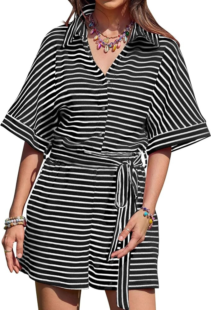 Yousify Womens Summer Rompers V Neck Waffle Short Sleeve Striped Button Down Jumpsuit with Pocket... | Amazon (US)
