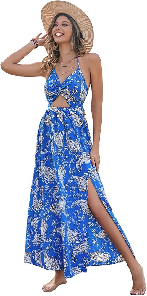 Floerns Women's Twist Front Backless Tie Back V Neck Floral Cami Maxi Dress | Amazon (US)