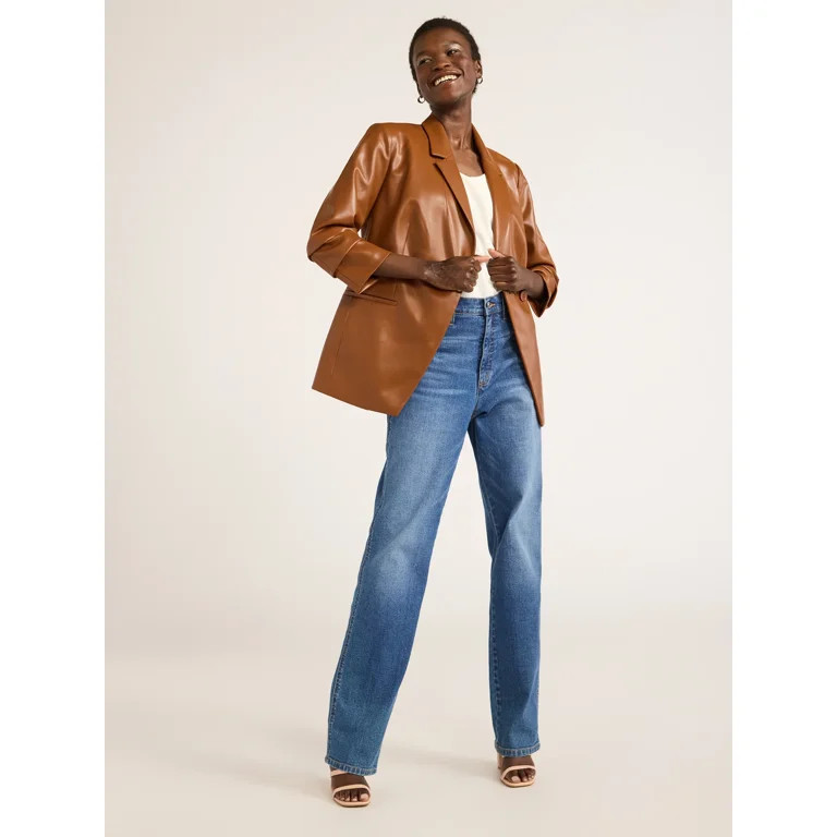 Scoop Women's Ultimate Faux Leather Scrunch Sleeve One Button Blazer, Sizes XS-XXL | Walmart (US)