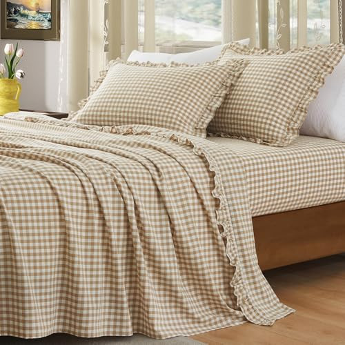 KKJIAF 4 Pieces Plaid Ruffle King Size Sheets Set, Cotton Gingham King Sheet Set Linen Feel Comfy Breathable Ruffed Plaid Bed Sheet Set with 16 Inches Deep Pocket, Taupe | Amazon (US)