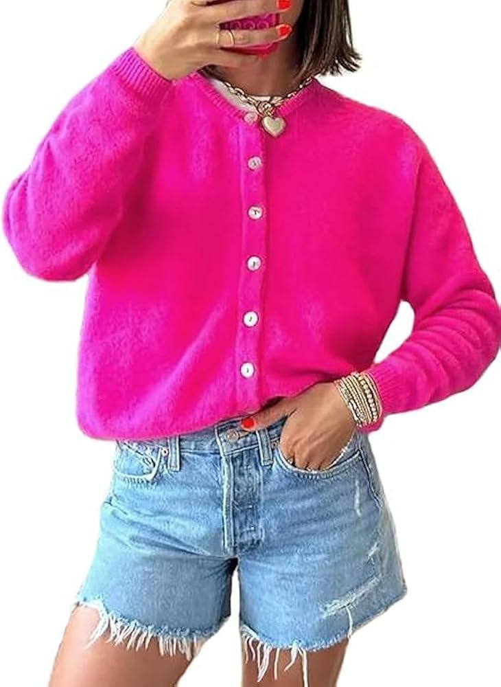 Cardigan Sweaters for Women Casual Button Down Long Sleeve Crewneck Sweaters Going Out Lightweigh... | Amazon (US)