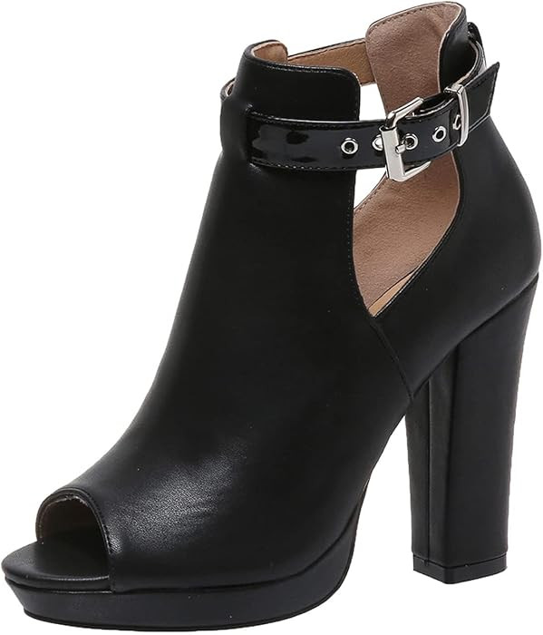 ZDLJYL Women's Open Peep Toe Booties Cutout Side Strap Mid Black Chunky Heel Fashion Ankle Bootie... | Amazon (US)