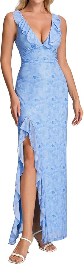 Parthea Floral Wedding Guest Dresses for Women Ruffle V Neck Sleeveless High Split Hem Formal Par... | Amazon (US)