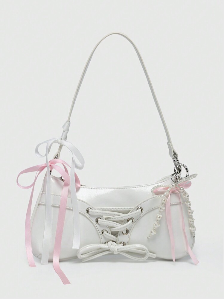 ROMWE Kawaii Women's Retro Ballerina Style Bow Decor Chain & Pearl Lace Decor Sling/Underarm Baguette Shoulder Bag | SHEIN