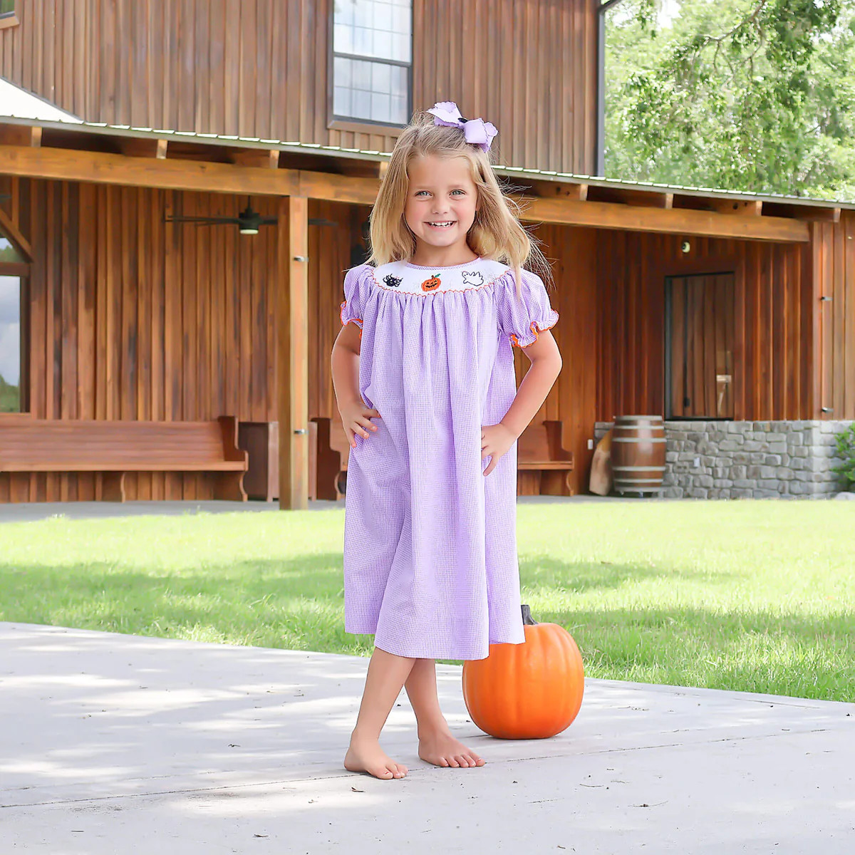 Halloween Smocked Lavender Gingham Dress | Classic Whimsy