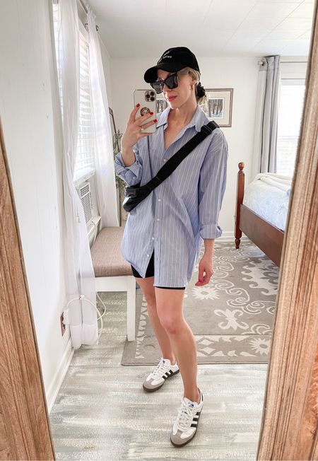 Casual mom outfit, school drop off, oversized button down shirt with bike shorts, Adidas Samba sneakers, leather sling bag

#LTKItBag #LTKFindsUnder100 #LTKShoeCrush