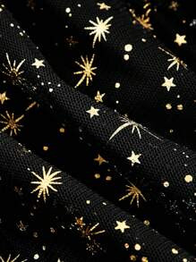 SHEIN MOD Plus Size Women Halloween Black Romantic Glitter Stars Mesh Puff Sleeve Ruffle Mesh Dre... | SHEIN