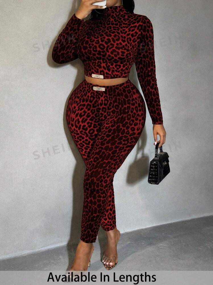SHEIN PETITE Plus Size Women's New Year Sexy Mock Neck Patch Detail Leopard Top And Leggings, Win... | SHEIN