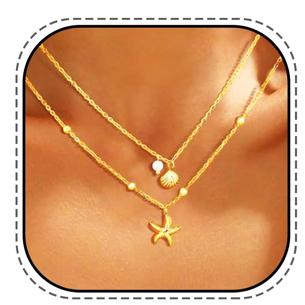 Asooll Bohu Pendant Necklace Gold Starfish Necklace Chain Pearl Shell Layered Necklaces for Women | Amazon (US)
