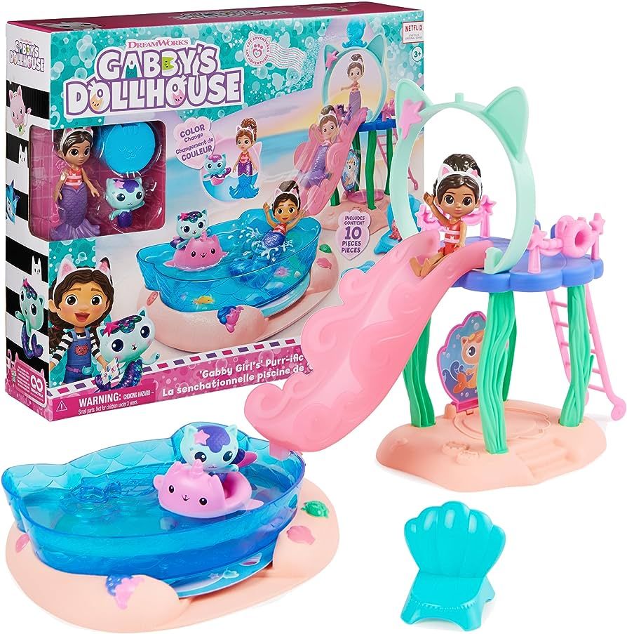 Gabby’s Dollhouse, Purr-ific Pool Playset with Gabby and MerCat Figures, Color-Changing Mermaid Tail | Amazon (US)