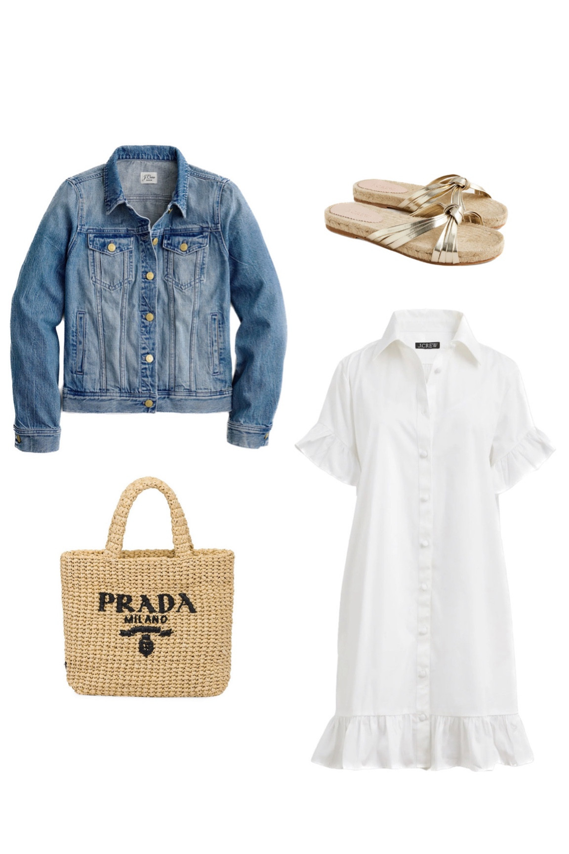 Summer staples,  Easy summer outfit, white ruffle shirt dress, Jcrew, Prada tote, summer dresses casual style beach outfit, denim jacket 

#LTKsalealert #LTKstyletip #LTKunder50