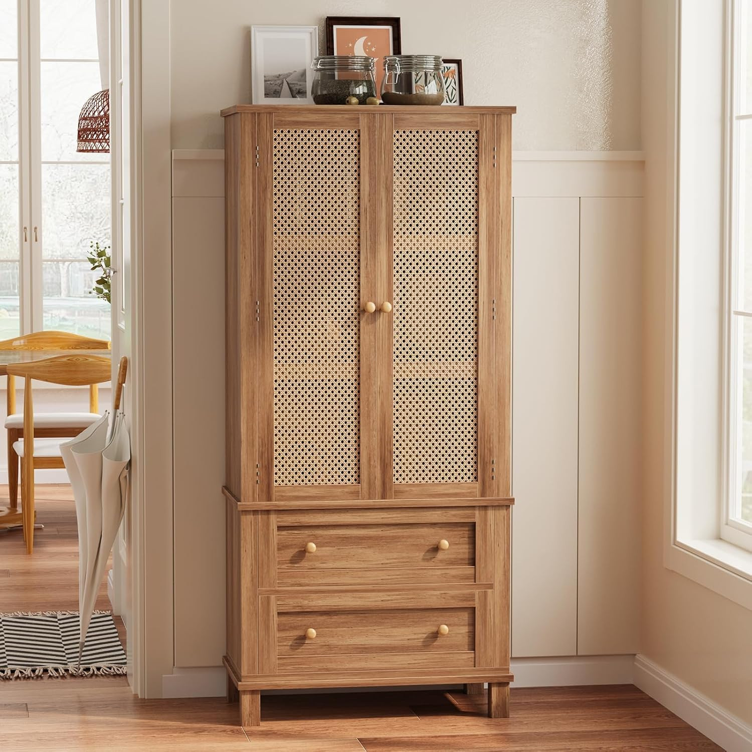 GAOMON 64" Tall Pantry Cabinet Rattan Storage Cabinet with 2 Doors, 2 Drawers & Adjustable Shelve... | Amazon (US)