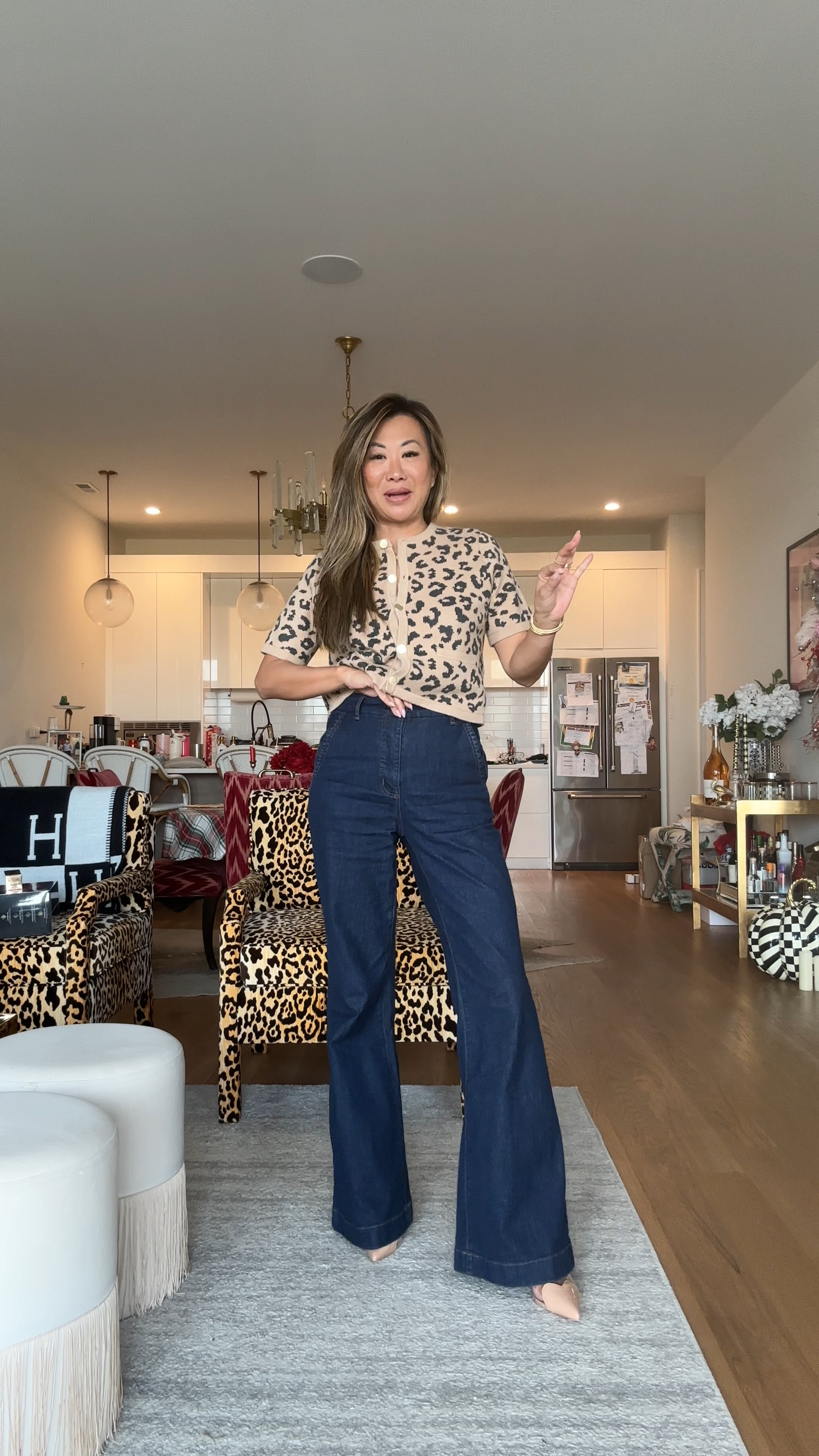 Ootd, leopard sweater, flare denim $27, Amazon similar to Alaia heels, fall outfit, Walmart denim size down. I'm wearing a two  

#LTKStyleTip #LTKVideo #LTKFindsUnder100