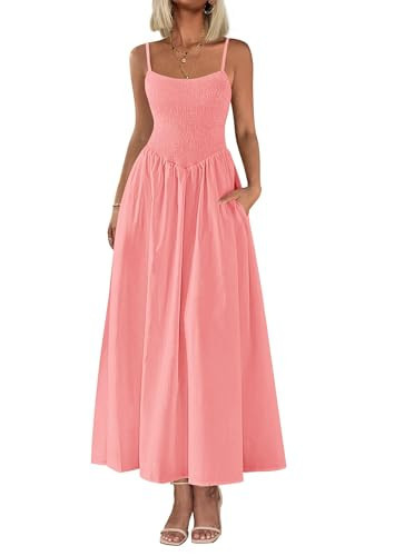 PRETTYGARDEN Women's 2025 Summer Smocked Maxi Dresses Beach Sundress Casual Spaghetti Strap Swing A Line Long Flowy Dress (Pink,Small) | Amazon (US)