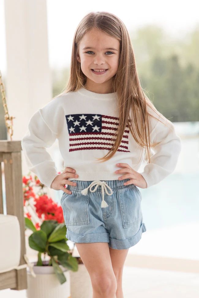 Kid's Home Of The Free Ivory Textured Flag Sweater | Pink Lily