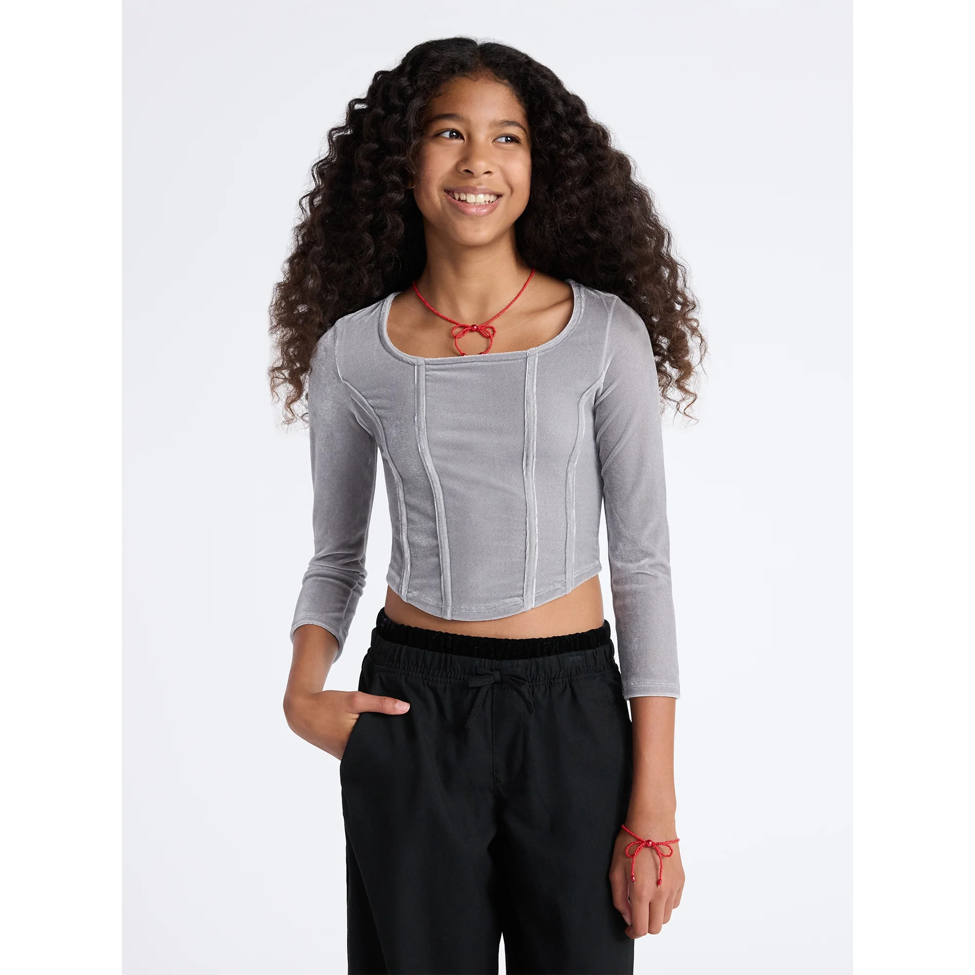 Weekend Academy Girls Velvet Corset Top with Long Sleeves, Sizes 4-18 | Walmart (US)