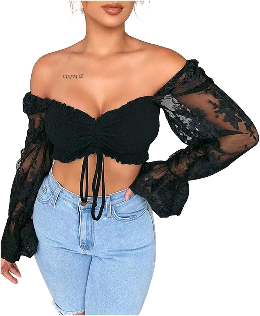 L'VOW Women's Lace Puff Long Sleeve Tube Top Off Shoulder Crop Top Sexy Pleated Chiffon Smocked M... | Amazon (US)