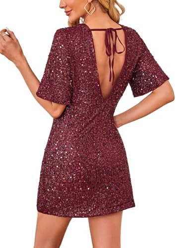 Women's Sequin Mini Club Party Dress Short Sleeve Crewneck Tie Backless Velvet Dresses | Amazon (US)