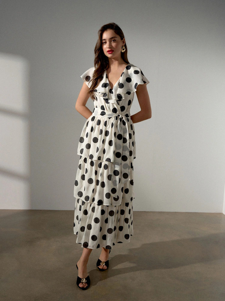 Ecru/Black Polka Dot Occasion Ruffle V-Neck Midi Dress | Next EU