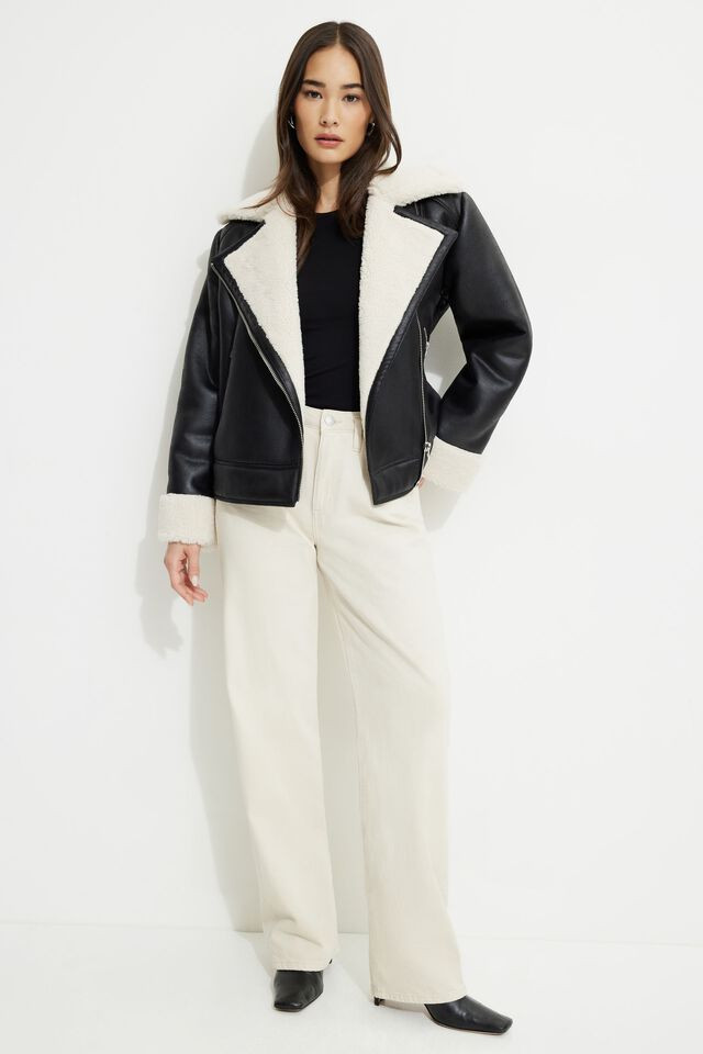 Sherpa Faux Leather Aviator Jacket | Dynamite Clothing