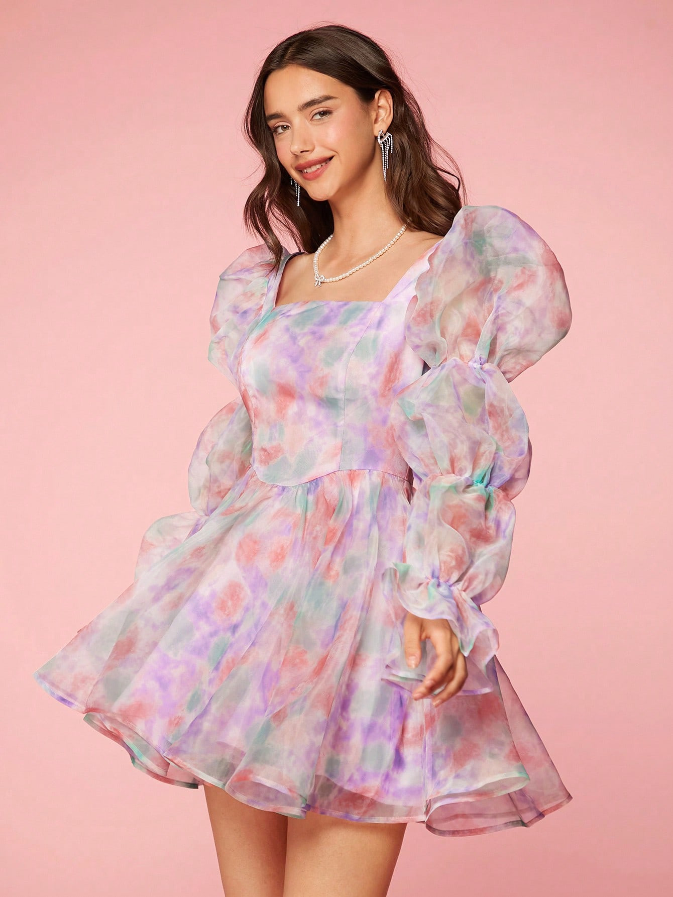 Enchnt Women's Colorful Mesh Lotus Leaf Sleeve Dress | SHEIN