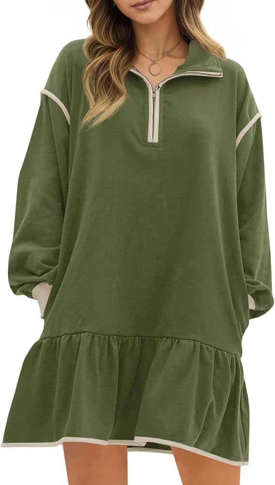 Wenrine Womens 2025 Fall Oversized Sweatshirt Dress Casual Long Sleeve Quarter Zip Ruffle Hem Pul... | Amazon (US)