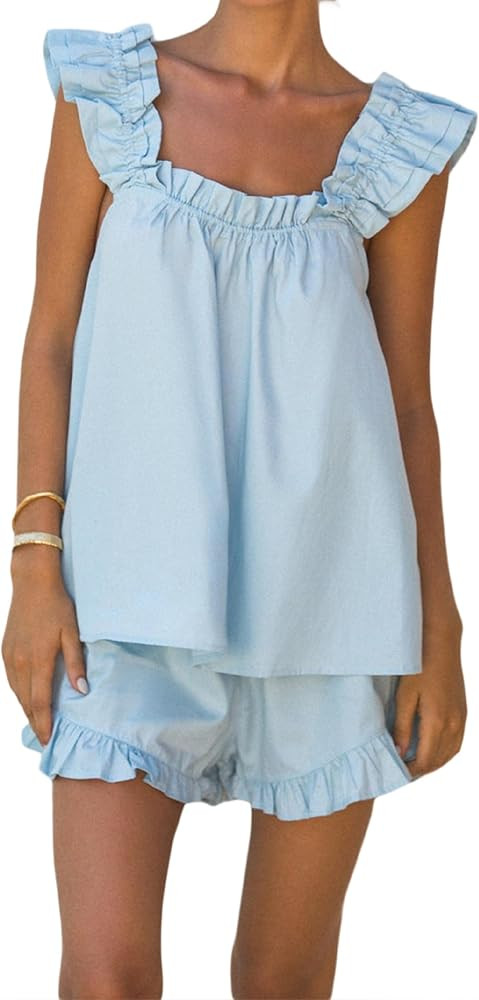 Women 2 Piece Cami Shorts Set Ruffle Strap Babydoll Tank Top Elastic Waist Wide Leg Lounge Shorts... | Amazon (US)