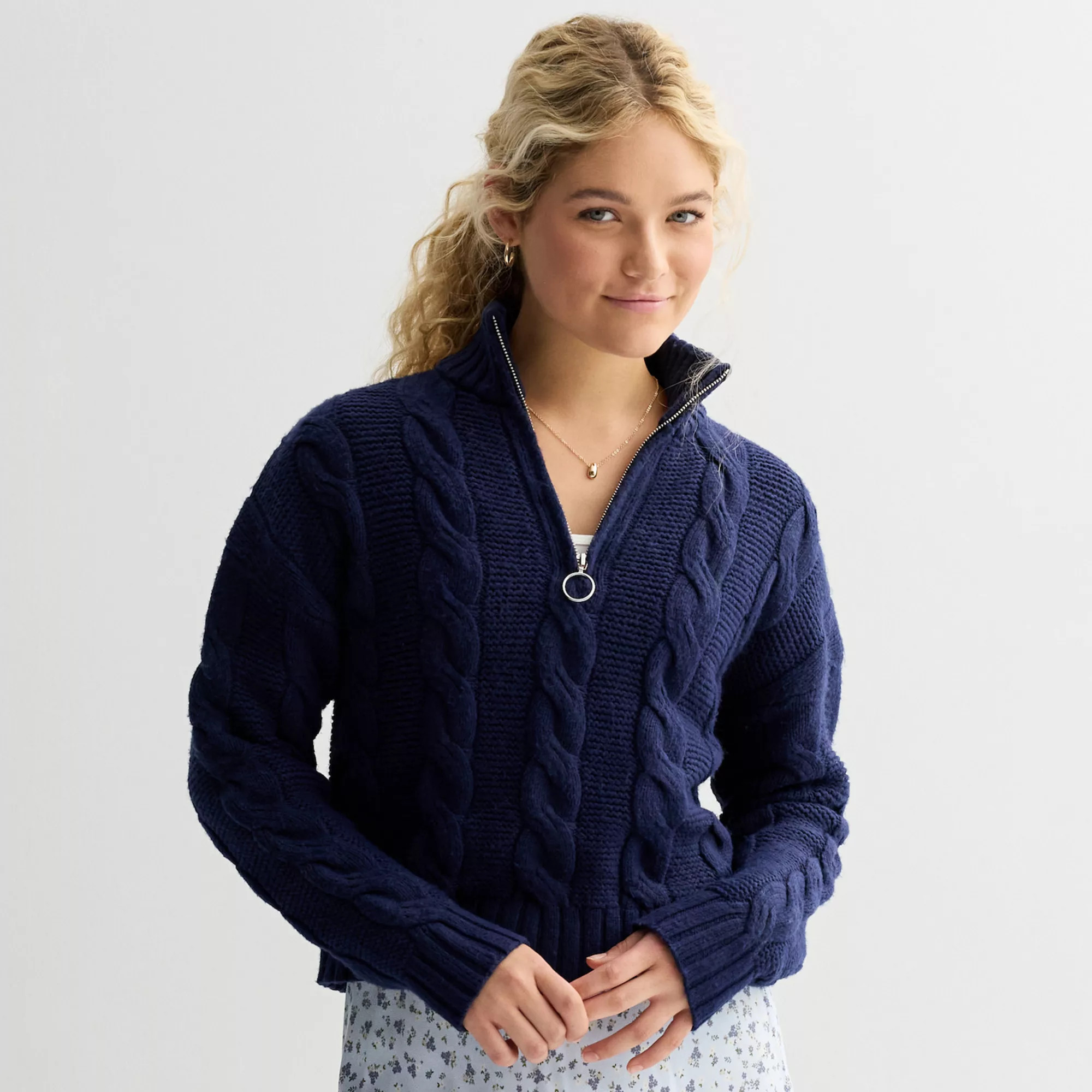 Juniors' SO® Cable Quarter Zip Sweater | Kohl's