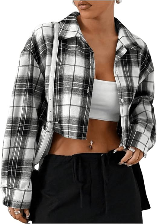 SweatyRocks Women's Cute Color Block Long Sleeve Crop Tops Plaid Button Down Blouse | Amazon (US)