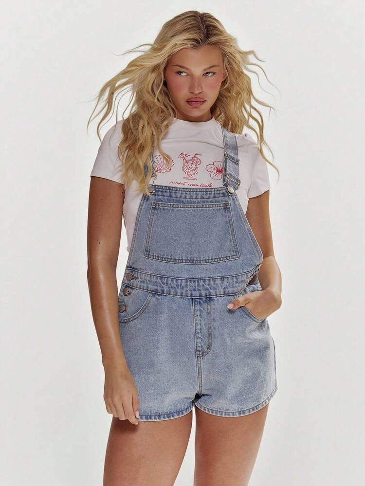 MUSERA Washed Denim Dungarees Spring Summer Cute Girly Holiday Vacation Beach Everyday Casual Sorbet | SHEIN