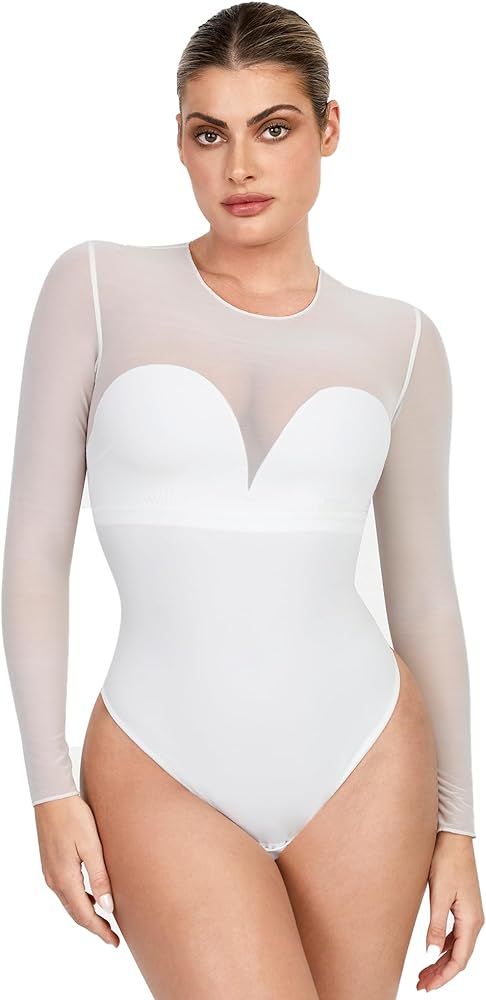Popilush Shapewear Bodysuit For Women Tummy Control Long Sleeve Thong Bodysuit With Built In Bra ... | Amazon (US)