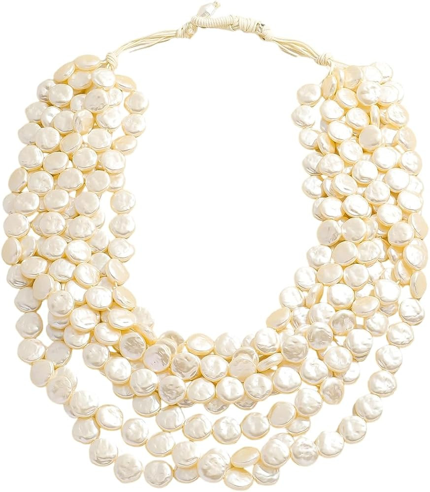 Multi Strand Simulated Irregular Baroque Pearl Necklace for Women, Beaded Chunky Pearl Bib Statem... | Amazon (US)