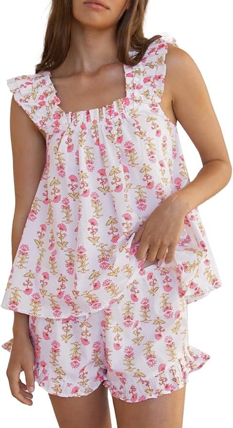 Womens Floral Pajama Sets Ruffle Trim Cami Top and Shorts 2 Piece Sleepwear Set Pjs | Amazon (US)