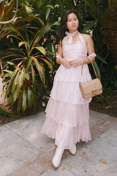 Wedding Guest Dress with pastel pink tier dress and nude color bag for spring and summer weddings 🩷

#LTKstyletip #LTKFestival #LTKwedding