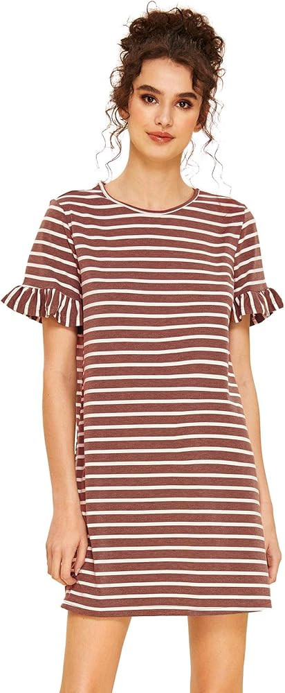 Women's Summer Casual Ruffle Short Sleeve Tunic Striped T-Shirt Dress | Amazon (US)